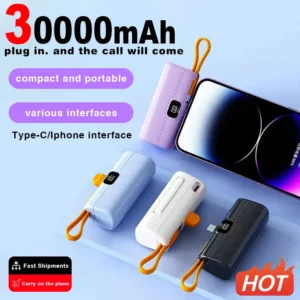 30000mAh Digital Display Power Bank Fast Charge Plug And Play Emergency External Battery Built-in Data Cable For Iphone Type-c